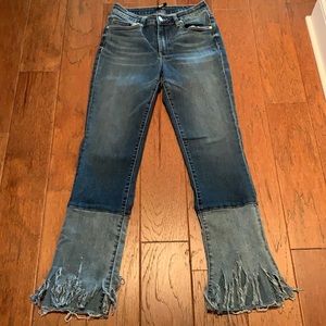Y2K Straight Leg Jeans Raw Fringe Hem Two Tone Kick Flare Effect Size 6